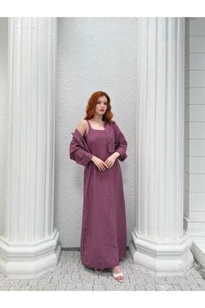 Kadın Gül Kurusu Crop Gömlek Ve Maxi Elbise İkili Takım NH26419