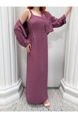 Kadın Bej Crop Gömlek Ve Maxi Elbise İkili Takım NH26419