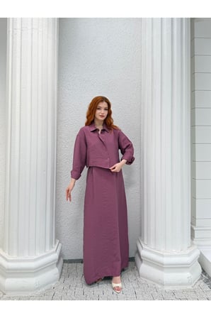 Kadın Bej Crop Gömlek Ve Maxi Elbise İkili Takım NH26419