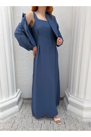 Kadın İndigo Crop Gömlek Ve Maxi Elbise İkili Takım NH26419