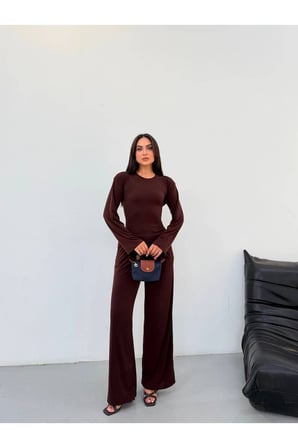 Kadın Kahverengi Sandy Kumaş Arkası Bağlamalı Vatkalı Takım FRV0229