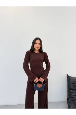 Kadın Kahverengi Sandy Kumaş Arkası Bağlamalı Vatkalı Takım FRV0229