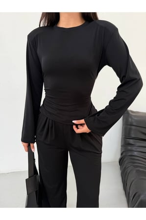 Kadın Siyah Sandy Kumaş Arkası Bağlamalı Vatkalı Takım FRV0229