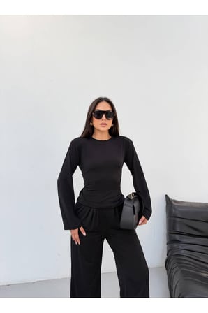 Kadın Siyah Sandy Kumaş Arkası Bağlamalı Vatkalı Takım FRV0229