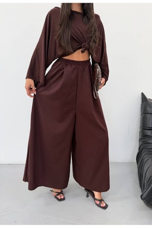 Kadın Kahverengi Beli Lastikli Geniş Paça Pantolon FRV0227