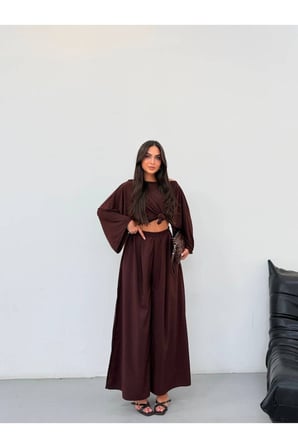 Kadın Kahverengi Beli Lastikli Geniş Paça Pantolon FRV0227