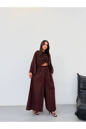 Kadın Kahverengi Beli Lastikli Geniş Paça Pantolon FRV0227