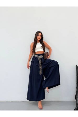 Kadın Kahverengi Beli Lastikli Geniş Paça Pantolon FRV0227