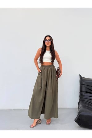Kadın Haki Beli Lastikli Geniş Paça Pantolon FRV0227