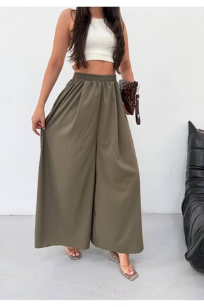 Kadın Haki Beli Lastikli Geniş Paça Pantolon FRV0227