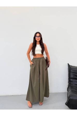 Kadın Haki Beli Lastikli Geniş Paça Pantolon FRV0227