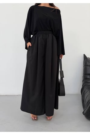 Kadın Siyah Beli Lastikli Geniş Paça Pantolon FRV0227