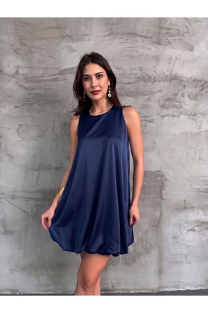 Kadın Lacivert Bisiklet Yaka Saten Mini Balon Elbise NJ181