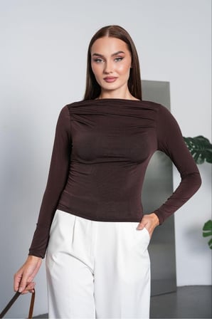 Kadın Siyah Kayık Yaka Drape Detaylı Bluz PC7006
