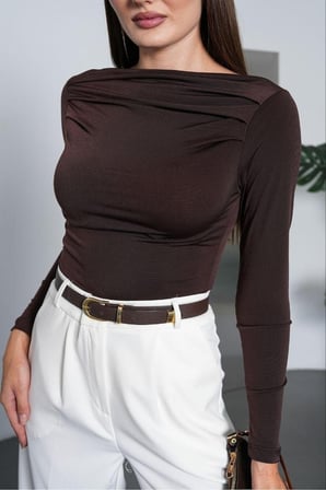 Kadın Siyah Kayık Yaka Drape Detaylı Bluz PC7006