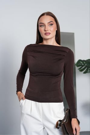 Kadın Siyah Kayık Yaka Drape Detaylı Bluz PC7006