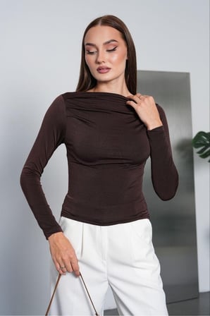 Kadın Siyah Kayık Yaka Drape Detaylı Bluz PC7006