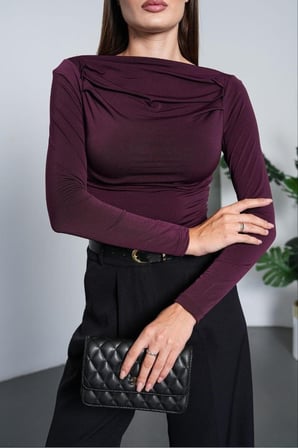 Kadın Siyah Kayık Yaka Drape Detaylı Bluz PC7006