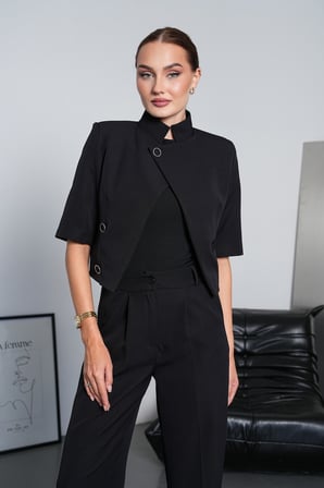 Kadın Ekru Kısa Kollu Crop Ceketli Geniş Paça Pantolon Takım PC4407