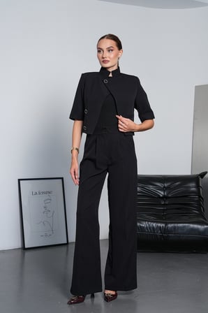 Kadın Ekru Kısa Kollu Crop Ceketli Geniş Paça Pantolon Takım PC4407