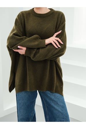 Kadın Antrasit Balon Kol Yırtmaçlı Triko Oversize Tunik Kazak FRV0190-1
