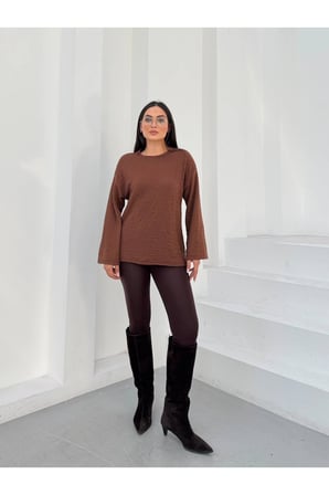 Kadın Mavi Gofre Dokulu Geniş Kol Bluz FRV0230