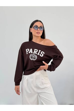 Kadın Ekru Paris Baskılı Kayık Yaka Sweatshirt FRV0231