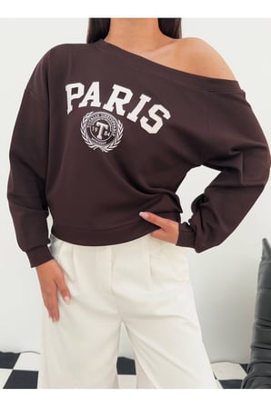 Kadın Ekru Paris Baskılı Kayık Yaka Sweatshirt FRV0231