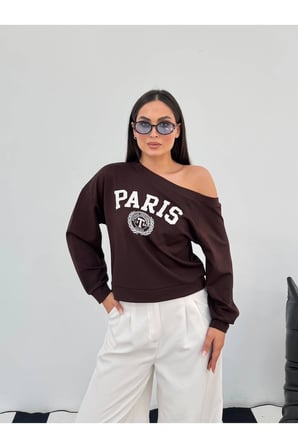 Kadın Ekru Paris Baskılı Kayık Yaka Sweatshirt FRV0231