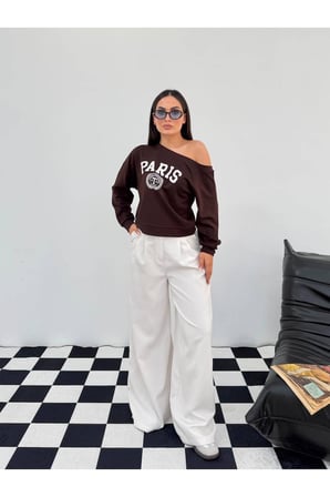 Kadın Ekru Paris Baskılı Kayık Yaka Sweatshirt FRV0231