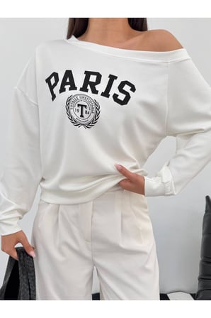 Kadın Ekru Paris Baskılı Kayık Yaka Sweatshirt FRV0231