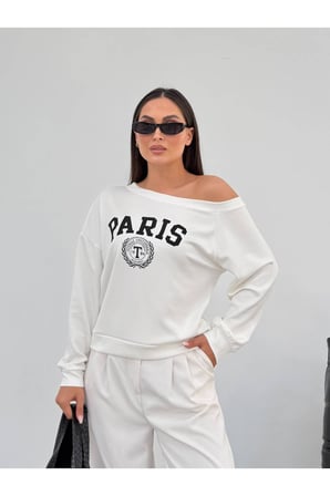 Kadın Ekru Paris Baskılı Kayık Yaka Sweatshirt FRV0231