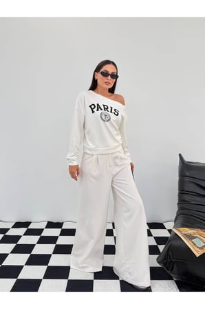 Kadın Ekru Paris Baskılı Kayık Yaka Sweatshirt FRV0231