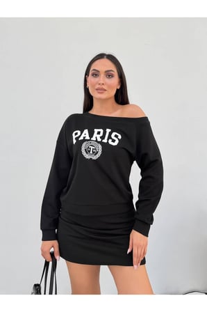 Kadın Ekru Paris Baskılı Kayık Yaka Sweatshirt FRV0231