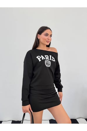 Kadın Ekru Paris Baskılı Kayık Yaka Sweatshirt FRV0231
