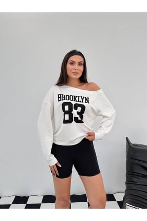 Kadın Lacivert Brooklyn 83 Baskılı Kayık Yaka Sweatshirt FRV0231-1
