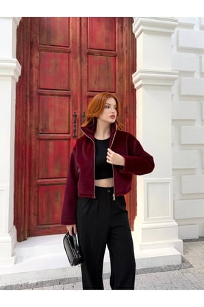 Kadın Antrasit Dik Yaka Crop Peluş Ceket NH2703
