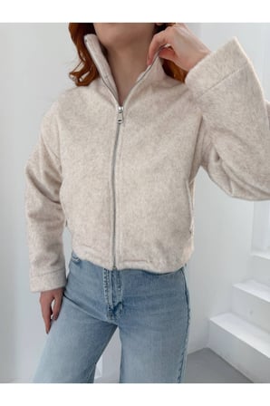 Kadın Taş Dik Yaka Crop Peluş Ceket NH2703