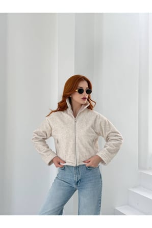 Kadın Taş Dik Yaka Crop Peluş Ceket NH2703