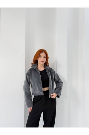 Kadın Antrasit Dik Yaka Crop Peluş Ceket NH2703