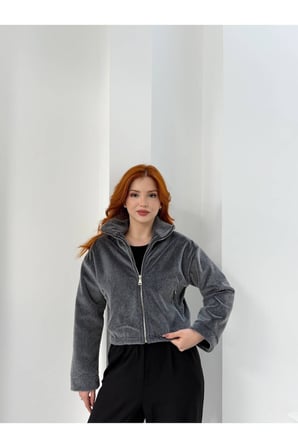 Kadın Antrasit Dik Yaka Crop Peluş Ceket NH2703