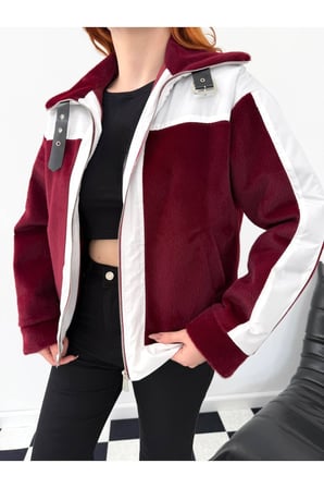 Kadın Bordo Garni Detaylı Kemerli Peluş Mont NH2720