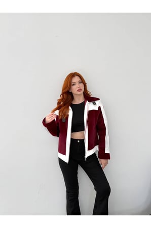 Kadın Bordo Garni Detaylı Kemerli Peluş Mont NH2720