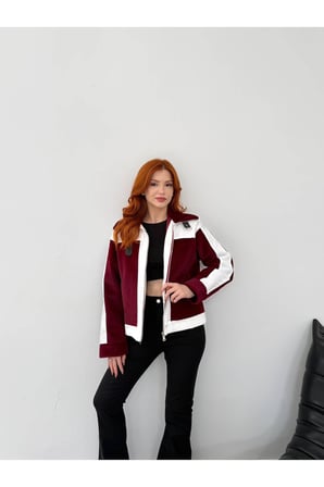 Kadın Bordo Garni Detaylı Kemerli Peluş Mont NH2720