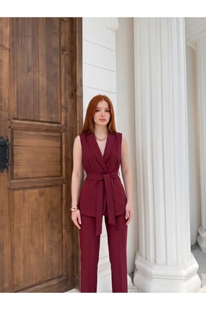 Kadın Bordo Bağlamalı Blazer Yelek NJ186