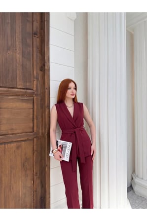 Kadın Bordo Bağlamalı Blazer Yelek NJ186