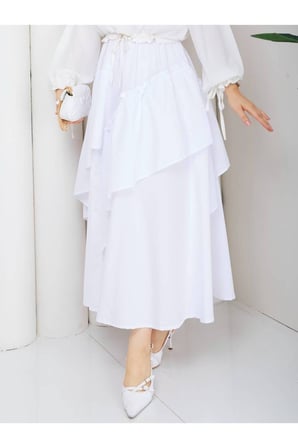 Kadın Beyaz Bel Lastikli Asimetrik Kat Kat Fırfırlı Etek ASF398