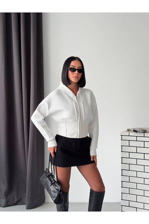 Kadın Ekru Korse Detaylı Fermuarlı Kapüşonlu Crop Sweatshirt GET26224