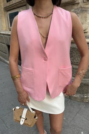 Kadın Sarı Klasik Kesim Tek Düğmeli Çift Cepli Blazer Yelek NJ187