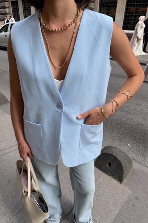 Kadın Mavi Klasik Kesim Tek Düğmeli Çift Cepli Blazer Yelek NJ187